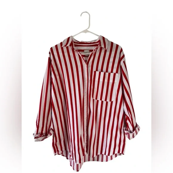 A New Day Women’s Red and White Striped Button-Up Shirt Size Medium - Picture 1 of 5